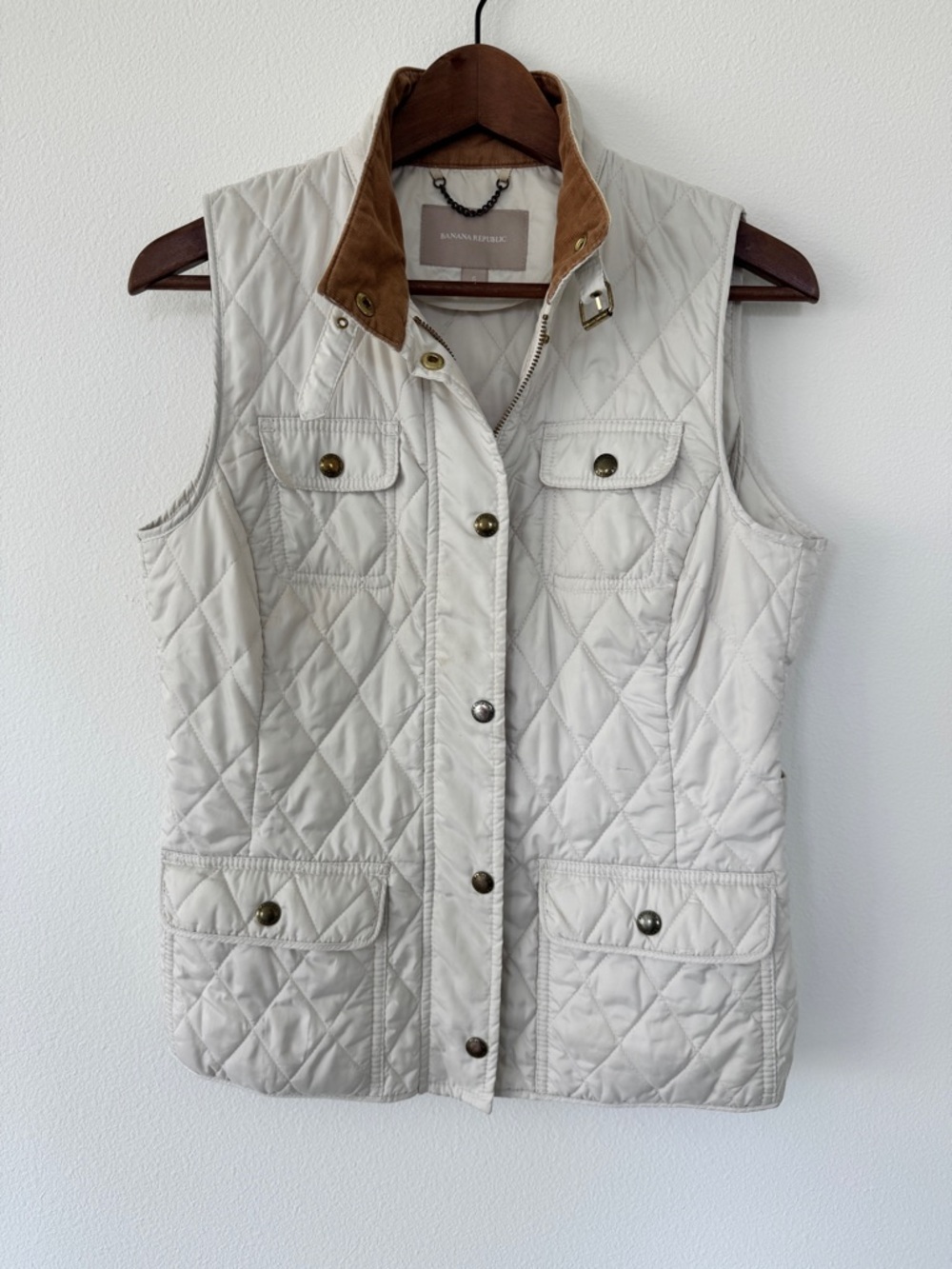 Banana Republic Cream Quilted Vest with Brown Corduroy Collar